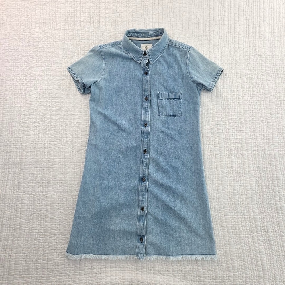 Element Eden Denim Button-Up Dress Small Petite Short Sleeves Raw Hem All Cotton